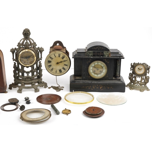 1370 - Clocks and accessories including Victorian black slate and marble mantle clock, Edwardian dome top e... 