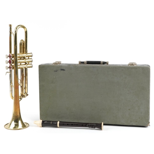 1680 - B & M Champion brass cornet and an Aulos flute with fitted case, the largest 50cm in length