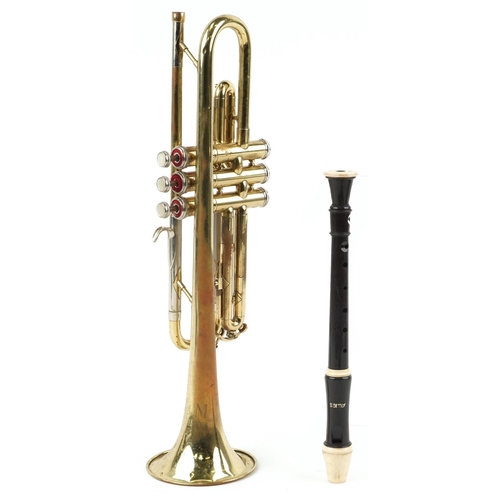 1680 - B & M Champion brass cornet and an Aulos flute with fitted case, the largest 50cm in length