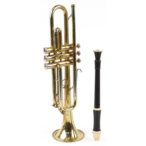 1680 - B & M Champion brass cornet and an Aulos flute with fitted case, the largest 50cm in length