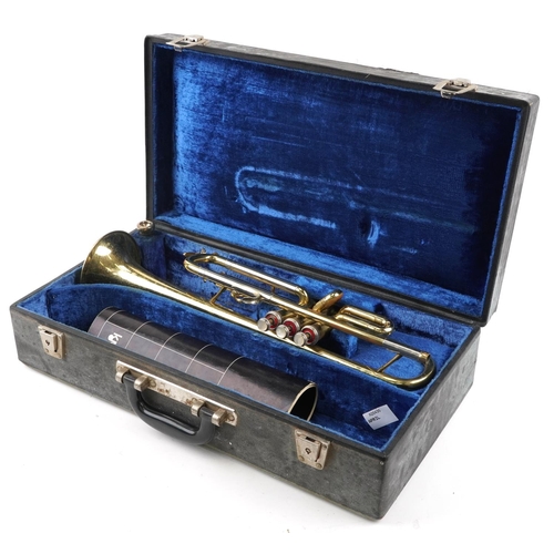 1680 - B & M Champion brass cornet and an Aulos flute with fitted case, the largest 50cm in length