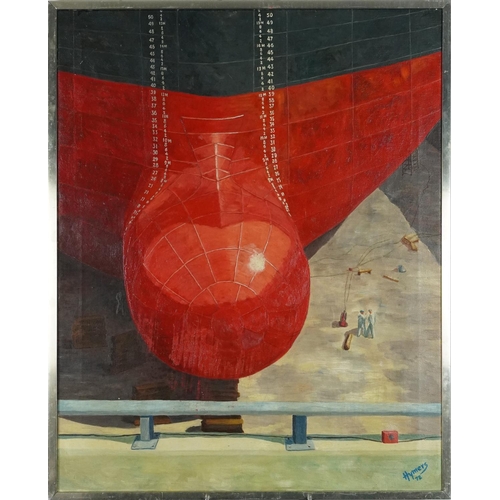 771 - Hymers 1972 - Harland & Wolff shipped docked, oil on canvas, inscribed verso, framed, 76cm x 60cm ex... 