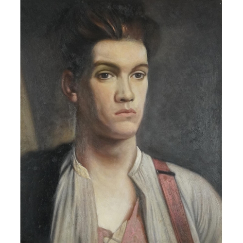 761 - Head and shoulders portrait of a young man, post war British oil on board, inscribed Christies South... 