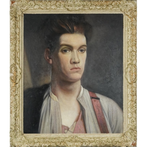 761 - Head and shoulders portrait of a young man, post war British oil on board, inscribed Christies South... 