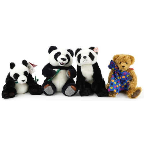 1612 - Hermann teddy bear with growler and jointed limbs and three soft toy pandas, 42cm high