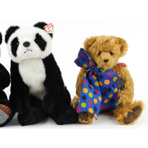 1612 - Hermann teddy bear with growler and jointed limbs and three soft toy pandas, 42cm high