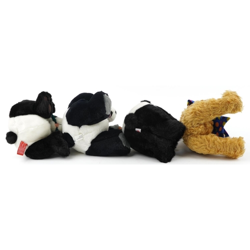 1612 - Hermann teddy bear with growler and jointed limbs and three soft toy pandas, 42cm high