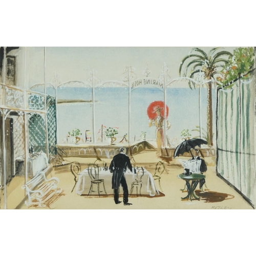 311 - Charles Motley - You Never Can Tell, heightened watercolour theatre set design, Wright Hepburn inscr... 