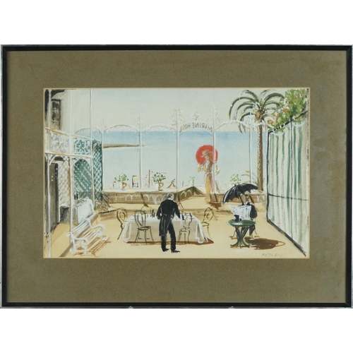 311 - Charles Motley - You Never Can Tell, heightened watercolour theatre set design, Wright Hepburn inscr... 