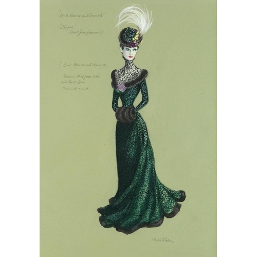 308 - Anthony Mendleson - Sibylla, full length portrait of a female, heightened watercolour costume design... 