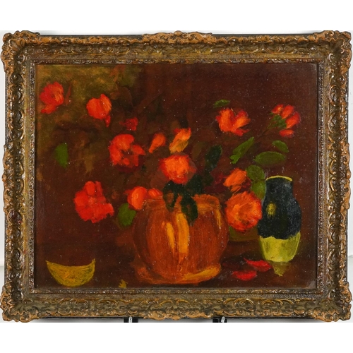 646 - Still life flowers in a vase, post war British oil on board, framed, 49.5cm x 39.5cm excluding the m... 