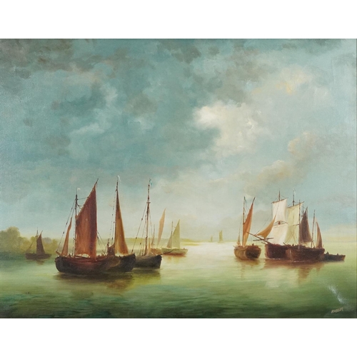 1154 - Wheeler - Boats on calm water at dusk, oil on canvas, mounted and framed, 70cm x 55.5cm excluding th... 