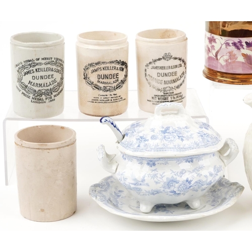 478 - Victorian and later ceramics including four advertising marmalade jars, Sunderland lustre mug, blue ... 