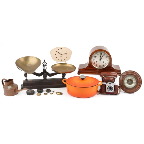 1586 - Kitchenalia and sundry items including set of cast iron scales with brass pans, Westminster chiming ... 