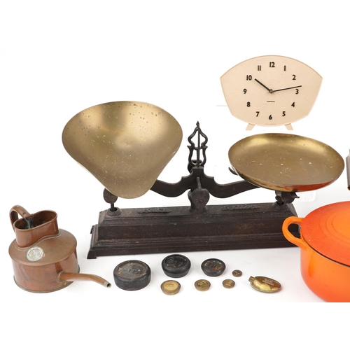 1586 - Kitchenalia and sundry items including set of cast iron scales with brass pans, Westminster chiming ... 