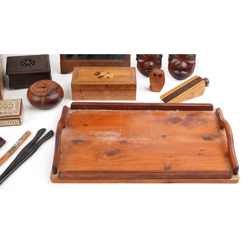 1582 - 19th century and later woodenware including Arts & Crafts mahogany frame, Victorian workbox, pair of... 