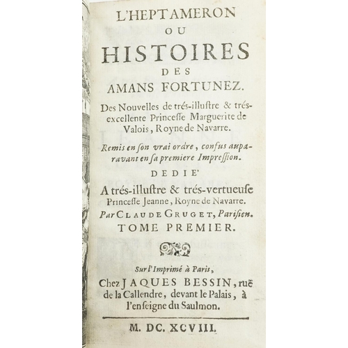 1775 - L'Heptameron ou Histoires des Amans Fortunez, 17th century vellum bound hardback book, Jaques Bessin... 
