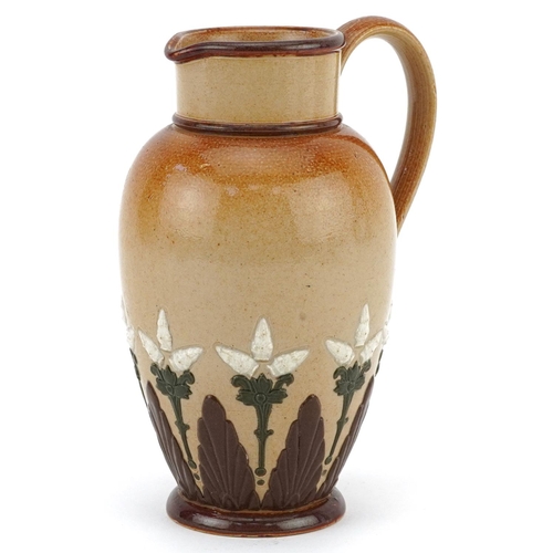 516 - Doulton Lambeth, Art Nouveau Royal Doulton stoneware jug hand painted and incised with stylised flow... 
