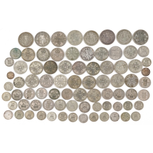 2096 - Predominantly British pre decimal, pre 1947 coinage including half crowns, shillings and florins, 57... 