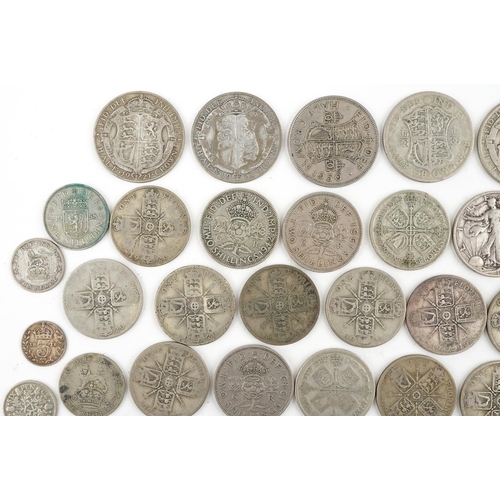 2096 - Predominantly British pre decimal, pre 1947 coinage including half crowns, shillings and florins, 57... 