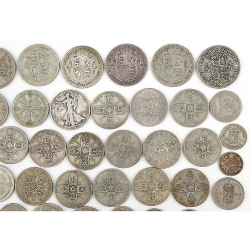 2096 - Predominantly British pre decimal, pre 1947 coinage including half crowns, shillings and florins, 57... 