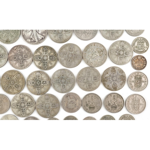 2096 - Predominantly British pre decimal, pre 1947 coinage including half crowns, shillings and florins, 57... 