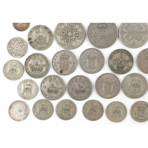 2096 - Predominantly British pre decimal, pre 1947 coinage including half crowns, shillings and florins, 57... 