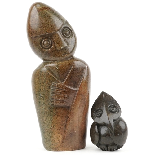 518 - Edward Chiwawa, mid century Zimbabwean figural stone carving and a similar example of a stylised bir... 