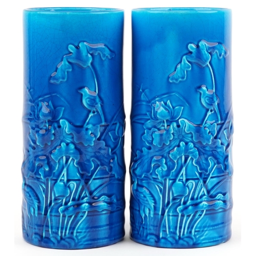 58 - Pair of European aesthetic blue glazed cylindrical simulated bamboo vases in the Chinese style decor... 