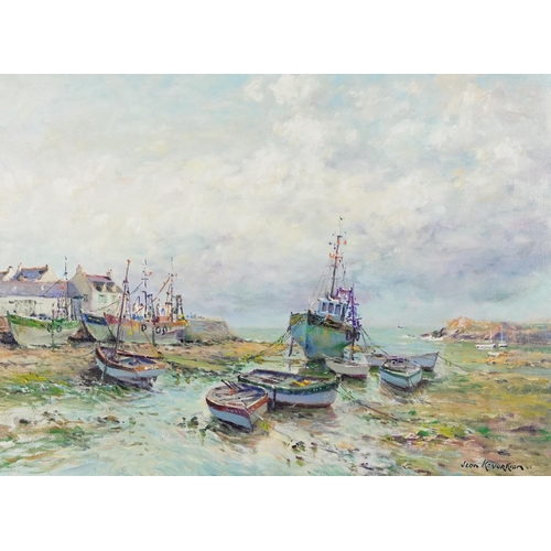 Jean Kevorkian - Marée basse, moored fishing boats, contemporary French oil on canvas, inscribed Stacey marks label verso, mounted and framed, 71cm x 51cm excluding the mount and frame