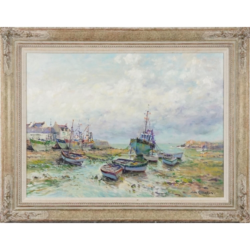 8 - Jean Kevorkian - Marée basse, moored fishing boats, contemporary French oil on canvas, inscribed Sta... 