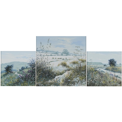 211 - Peter Jay - Snow, Track on the Marsh and Summer on the South Downs, three oil on boards including a ... 