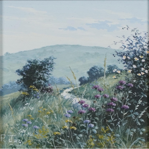 211 - Peter Jay - Snow, Track on the Marsh and Summer on the South Downs, three oil on boards including a ... 