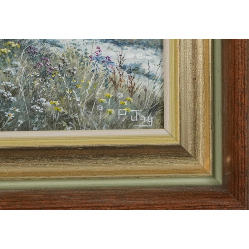 211 - Peter Jay - Snow, Track on the Marsh and Summer on the South Downs, three oil on boards including a ... 