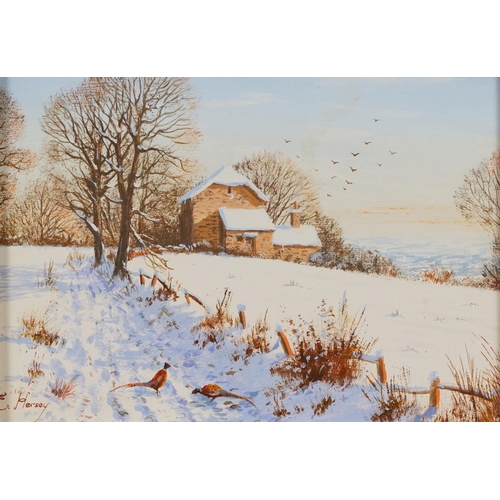 23 - Edward Hersey - Pheasants in the snow, contemporary acrylic on board, Stacey Marks labels verso, mou... 