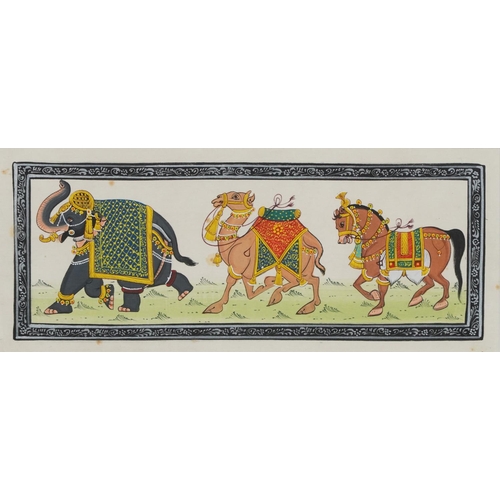 1648 - Elephant, camel and horse, Indian Mughal school watercolour on silk, mounted, framed and glazed, 28c... 