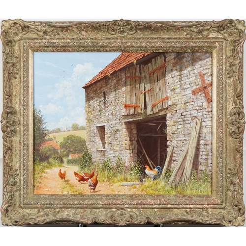 22 - Edward Hersey - Chickens by an old stone barn, contemporary acrylic on canvas, Stacey Marks labels v... 