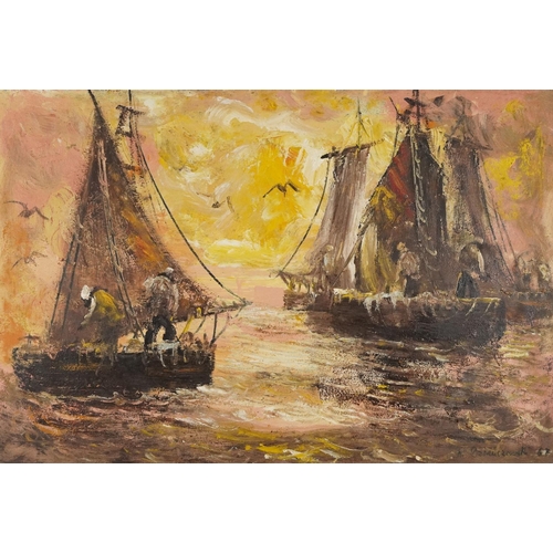 1151 - Fishing boats, 1960s European Impressionist oil on board, bearing an indistinct signature, Isioro Na... 