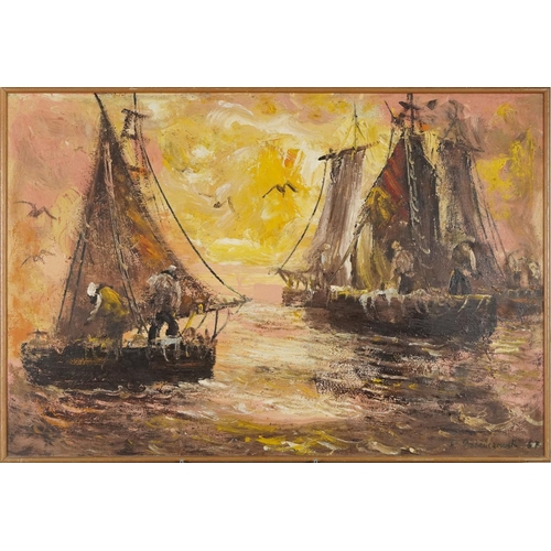 1151 - Fishing boats, 1960s European Impressionist oil on board, bearing an indistinct signature, Isioro Na... 