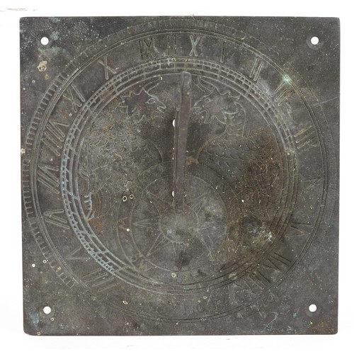 31 - Antique verdigris patinated bronze sundial engraved with griffins, 16cm x 16cm
