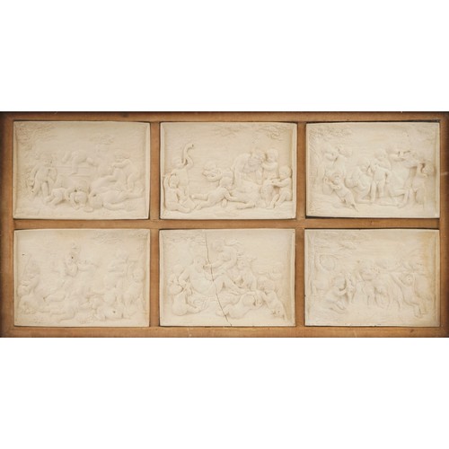 144 - Set of six 19th century Grand Tour classical Bacchanalian panels housed in a glazed framed display, ... 