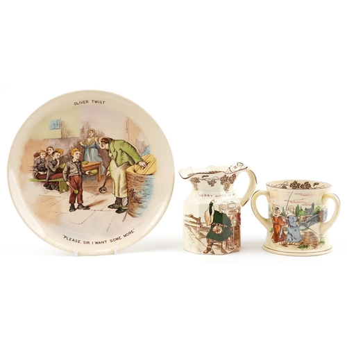 514 - Foley Wileman faience comprising Oliver Twist wall plate, Merry Wives of Winsor jug and Tomorrow Wil... 