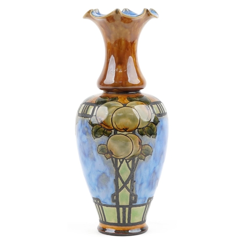 Eliza Simmance for Royal Doulton, Art Nouveau stoneware vase hand painted with fruit and leaves, numbered 338 to the base, 41cm high