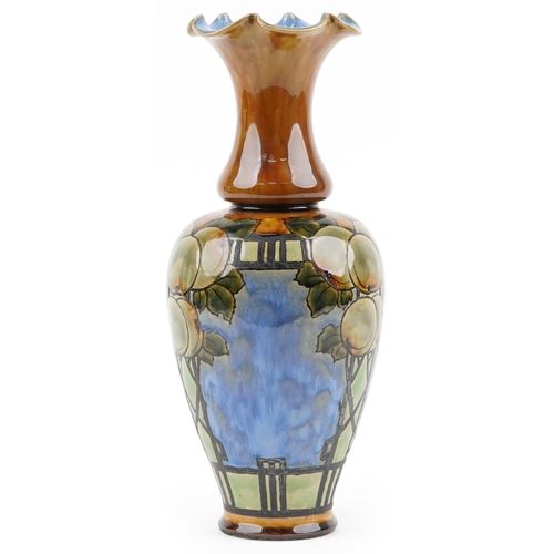 515 - Eliza Simmance for Royal Doulton, Art Nouveau stoneware vase hand painted with fruit and leaves, num... 