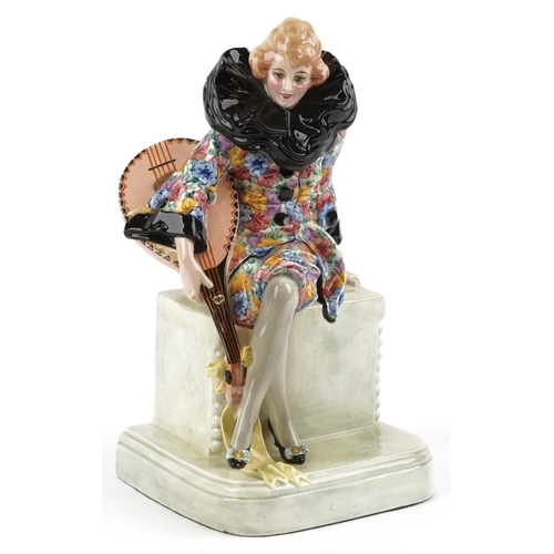238 - Wilhelm Thomasch for Goldschneider, Austrian Art Deco figurine of a Pierrette holding a mandolin, nu... 