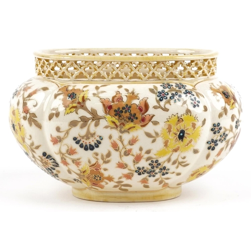 316 - Zsolnay Pecs, Hungarian jardiniere with pierced border hand painted and gilded with flowers, numbere... 