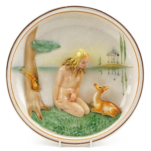 Lenci, Italian Art Deco wall plaque decorated in relief with nude female and foal, paper label and numbered 271 to the reverse, 34.5cm in diameter