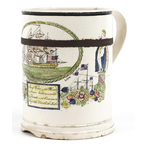 46 - Sunderland Dawson & Co, early 19th century Low Ford creamware Peace & Plenty tankard, 15cm high