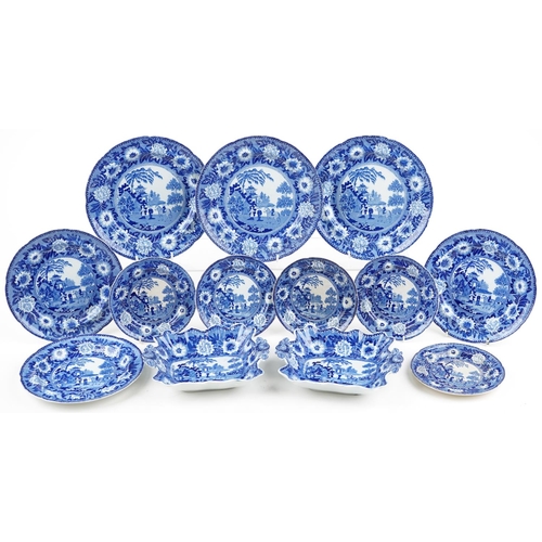 Rogers, Victorian pearlware decorated in the chinoiserie manner comprising pair of dishes with naturalistic handles and eleven various sized plates and side plates, the largest each 25cm in diameter