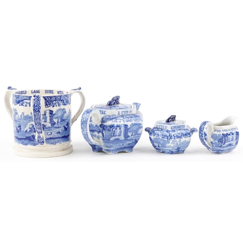 476 - Copeland Spode Italian pattern with Olde Lang Syne motto comprising tyg and three piece tea set, the... 